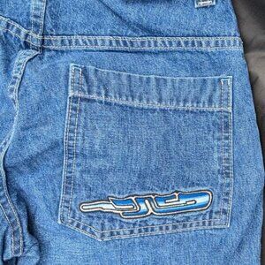 JNCO GIRLIE Size 9 28" waist Vintage Silencer Jeans Blue logo Embroidered Y2K